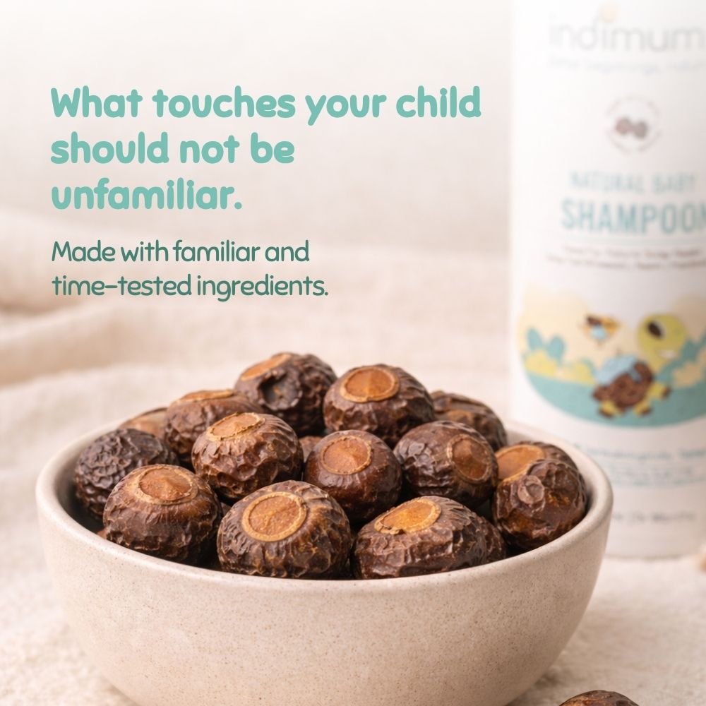 Bowl of Reetha with a bottle of Indimums shampoo in the background, featuring a quote about familiar ingredients.