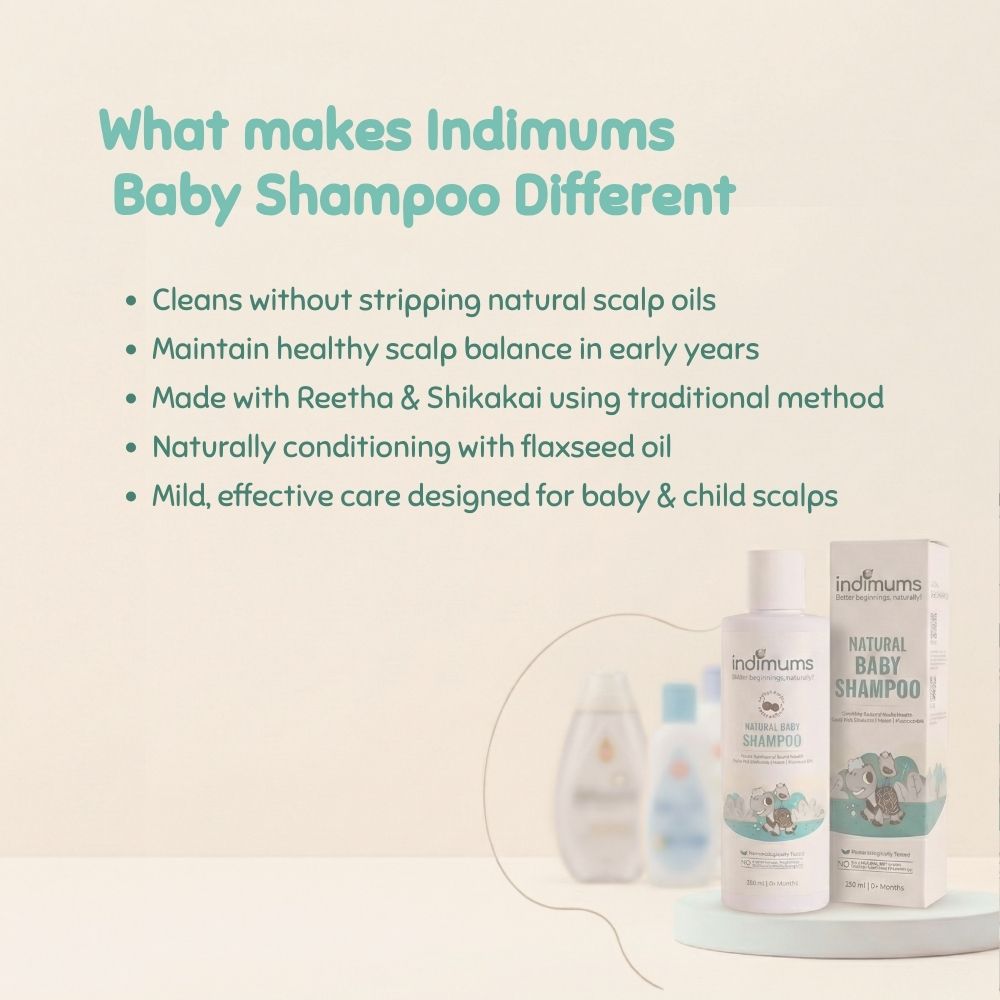 Indimums Baby Shampoo with product packaging and text highlighting features on a beige background