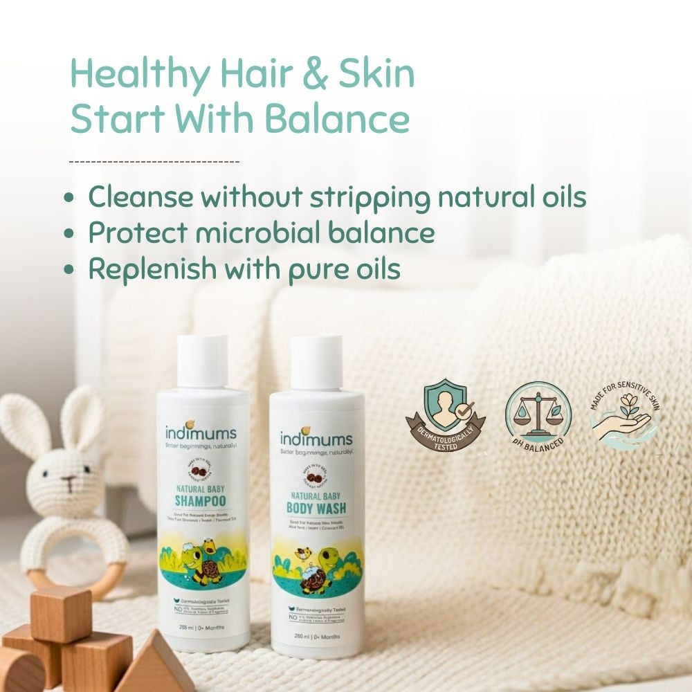 Indimums natural baby shampoo and body wash bottles on a soft surface, accompanied by a toy rabbit.