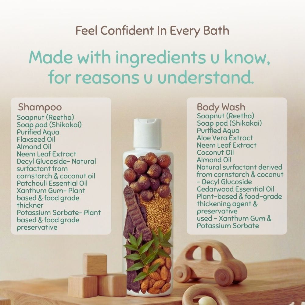 Product packaging with natural ingredients listed on a wooden background
