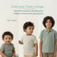 Three children in various stages of development wearing green clothing with text about product suitability for newborns, toddlers, and growing skin.