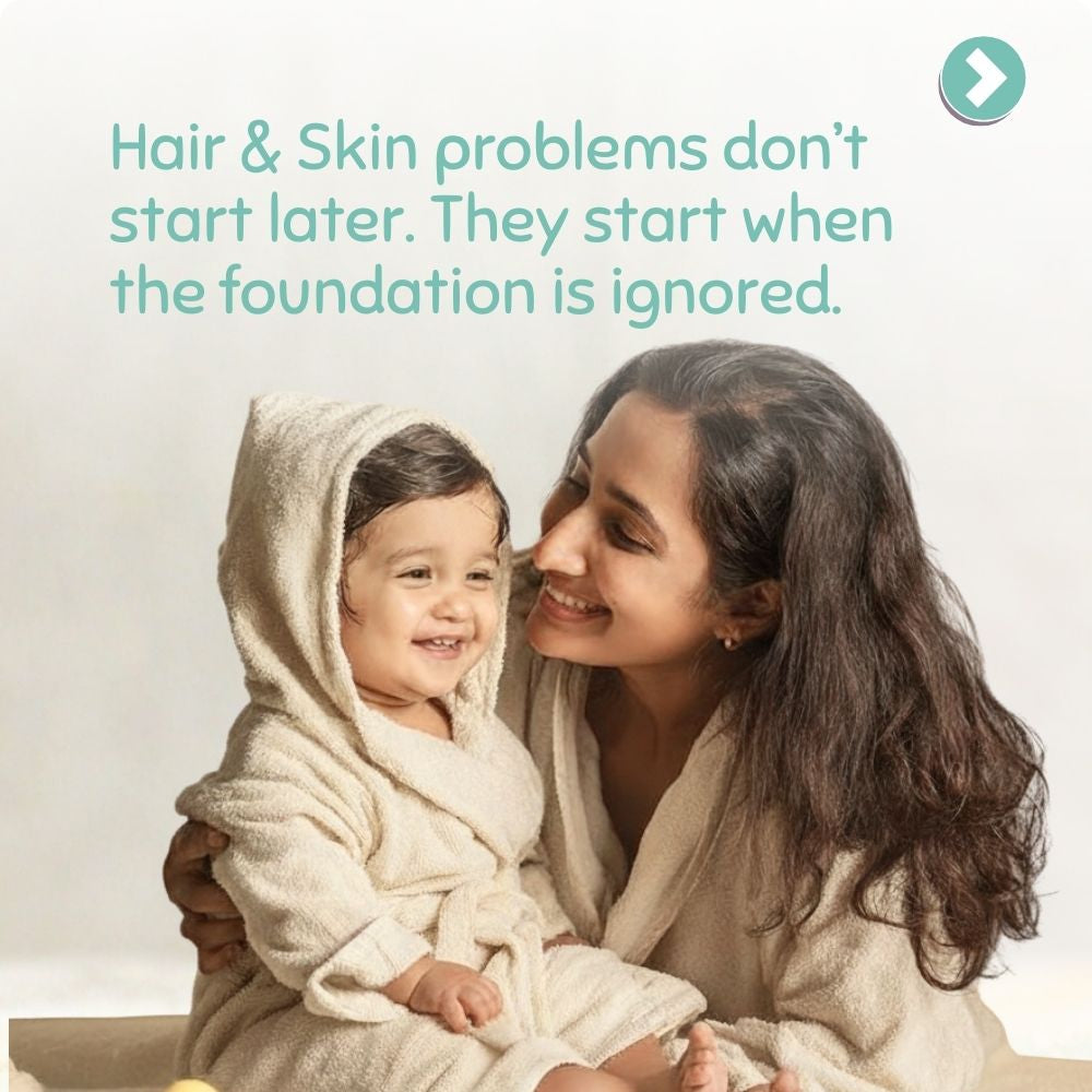 Woman holding a child in a white robe with text about hair and skin problems.