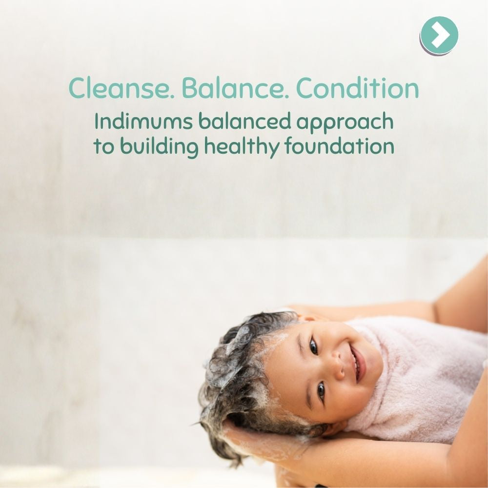 Baby with shampoo on head against a light background with text about hair care steps.