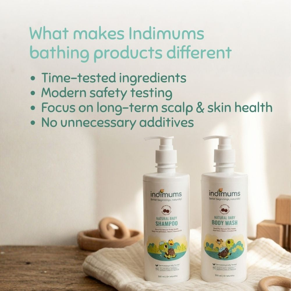 Indimums baby shampoo & body wash with text highlighting their unique selling points on a neutral background.