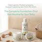 Baby skincare products including Indimums body wash, face & body butter, and a jar on a neutral background with text about a baby's skin care routine.
