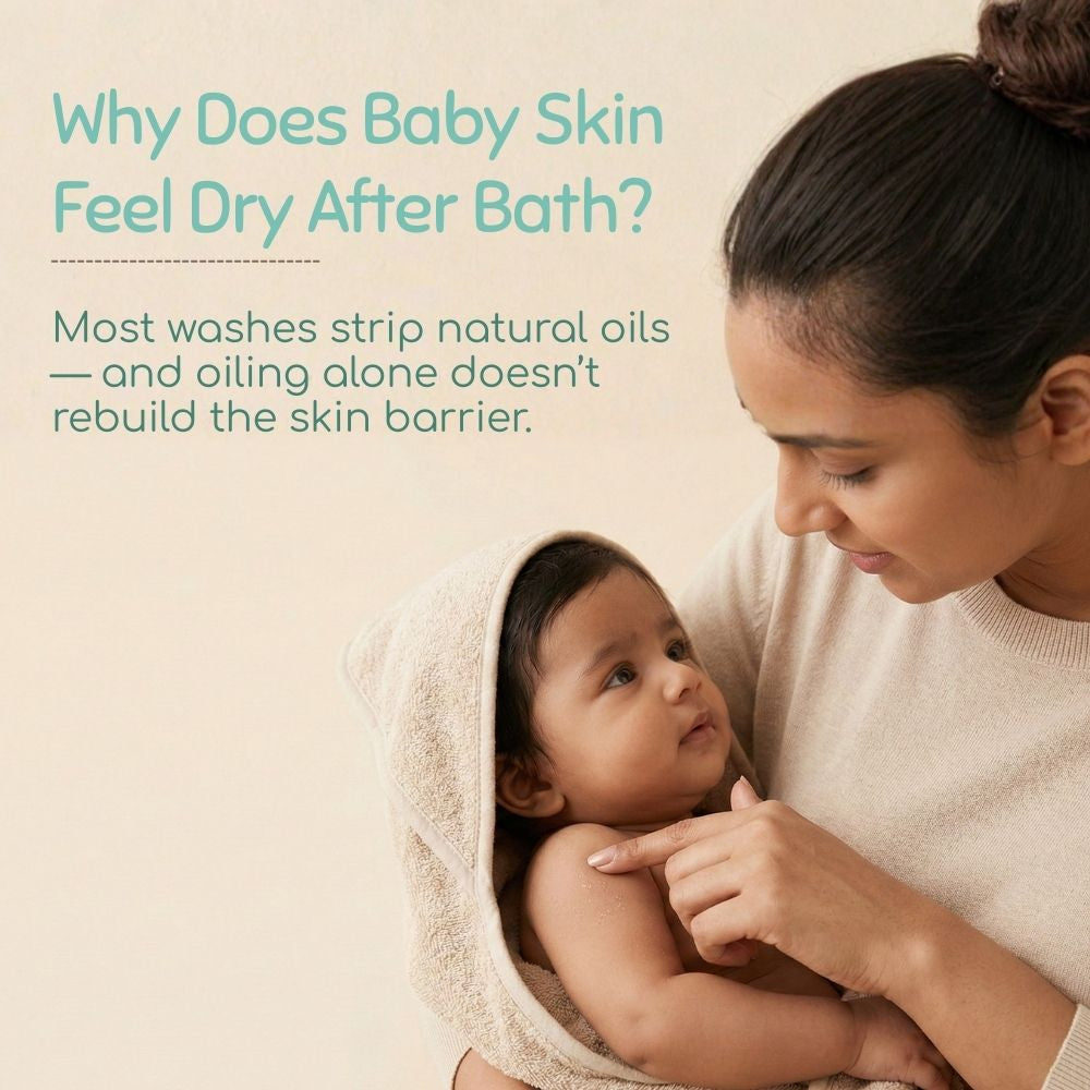 Woman holding a baby with text about baby skin and bathing.