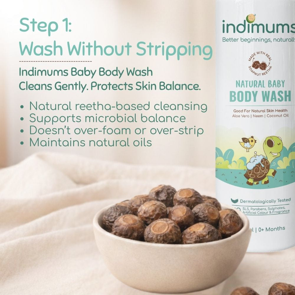 Indimums Baby Body Wash with natural ingredients and benefits displayed.