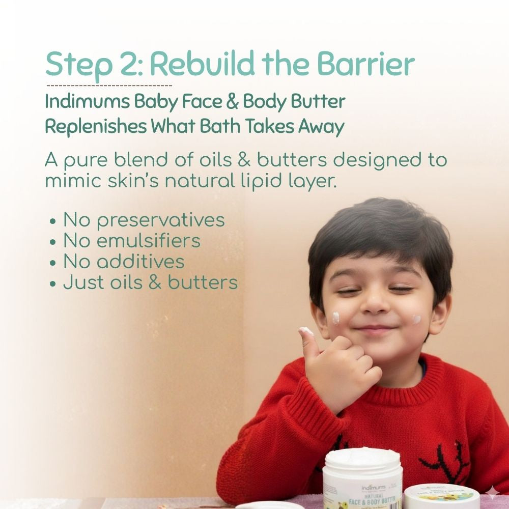 Child with cream on face and text about Indimums Baby Face & Body Butter