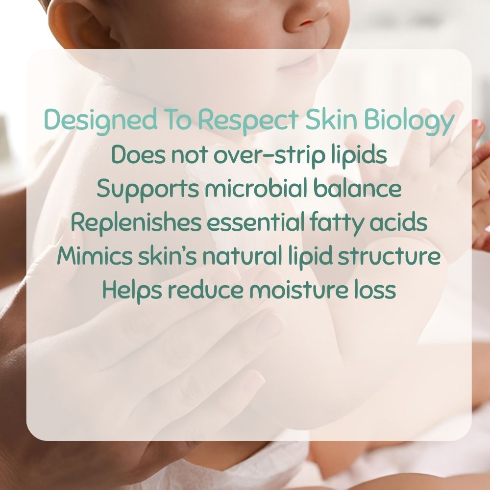 Person wearing a white face mask with text about skin care benefits.