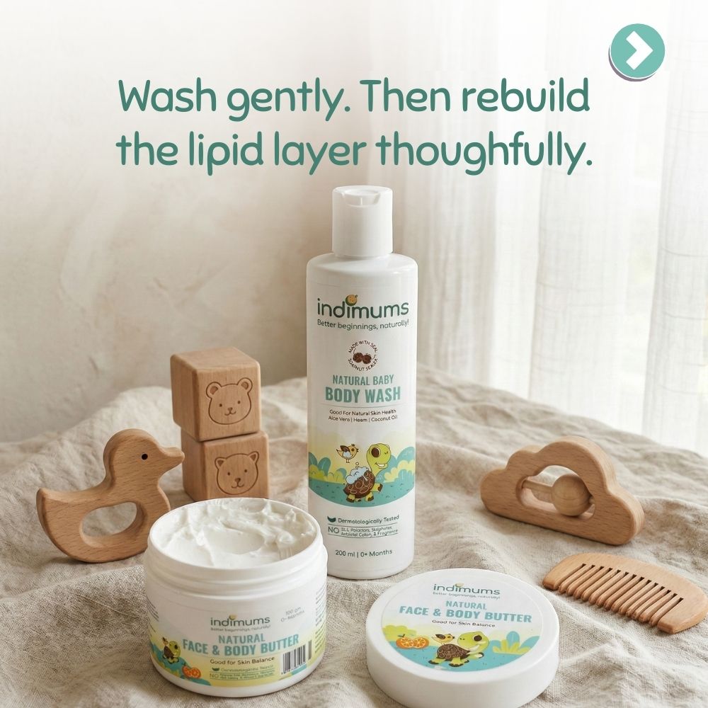 Indimums baby products including body wash, cream, and butter on a neutral background with wooden toys.