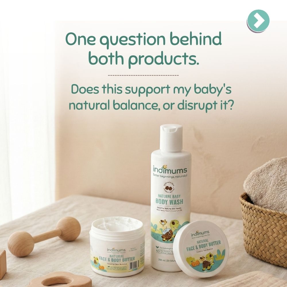 Indimums baby body wash & face & body butter on a neutral background with text about supporting baby's natural balance.