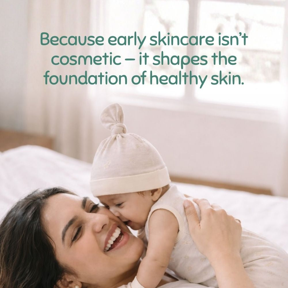 Woman holding a baby with text about early baby skin