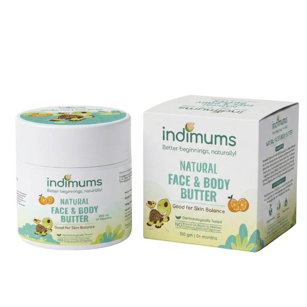 Indimums natural baby face and body butter jar and packaging on a white background