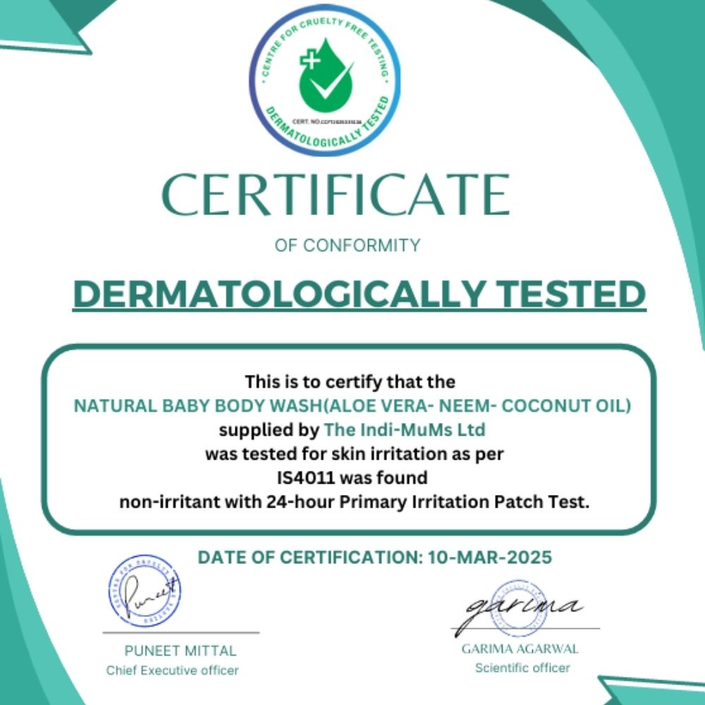 Certificate of conformity for dermatologically tested natural baby body wash.