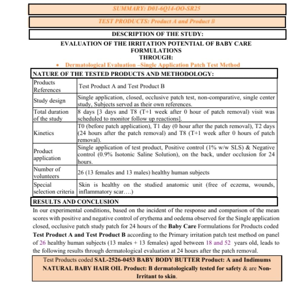Document detailing the evaluation of Indimums baby hair oil & body & face butter  using a patch test method