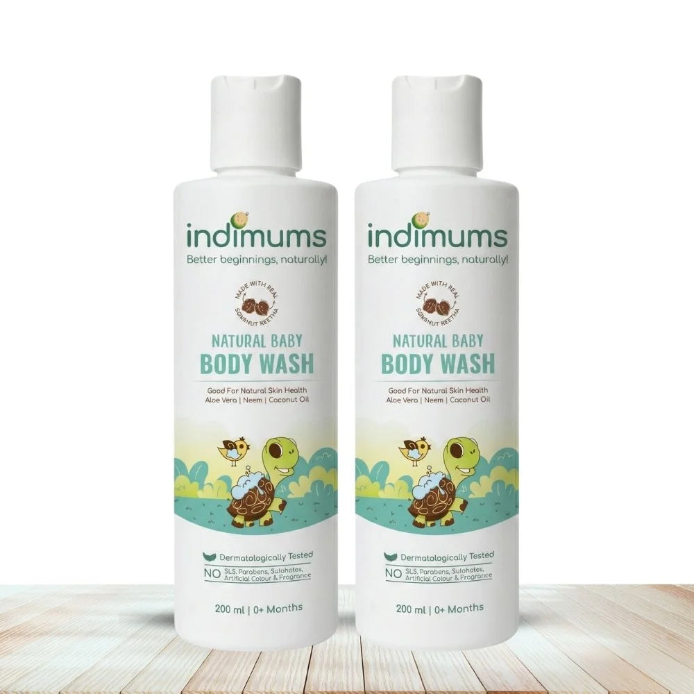 Two bottles of indimums natural baby body wash on a white background