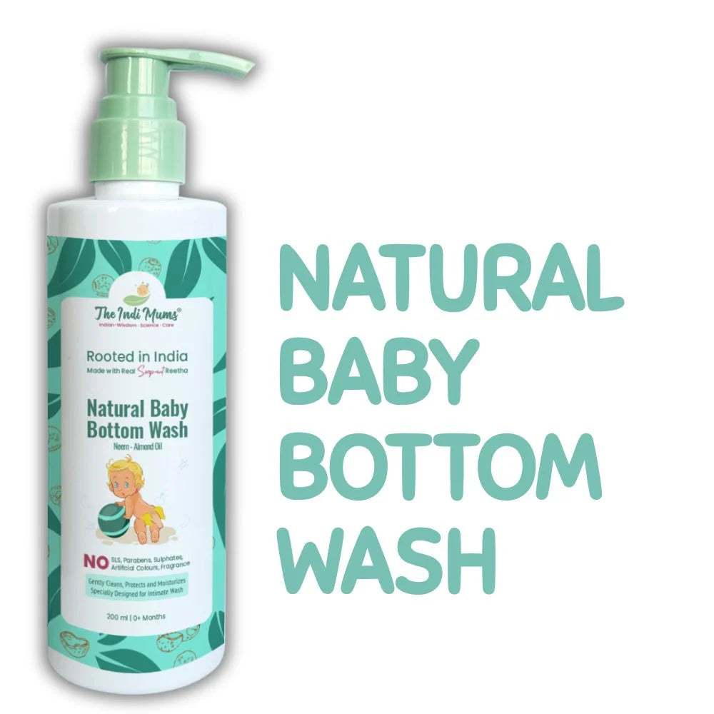 Indi Mums Natural Baby Bottom Wash. There is a 200ml bottle with the product name next to it.