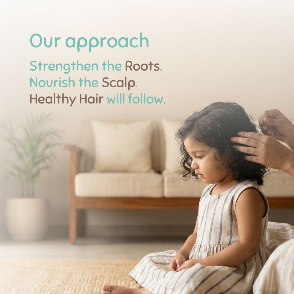 Child sitting on a couch with text about hair care approach