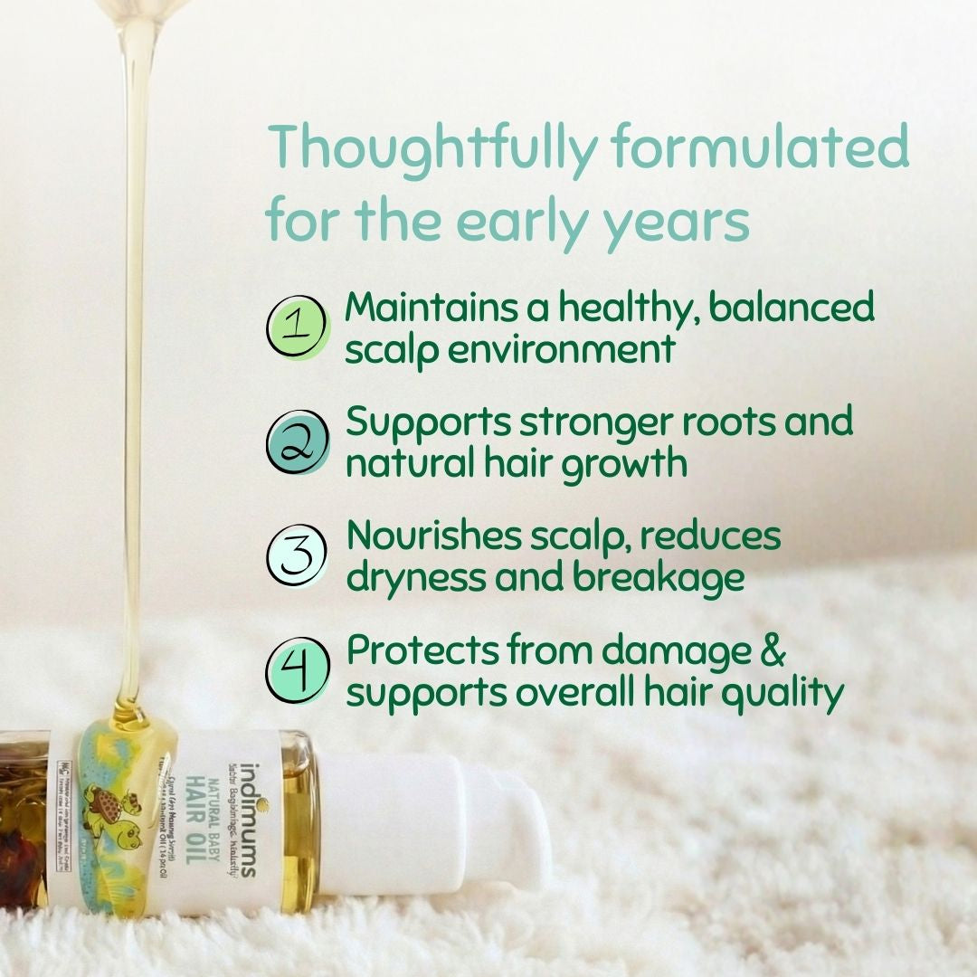 Bottle of Indimums hair oil with text highlighting its benefits on a fluffy white surface.
