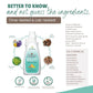 Ingredient transparency graphic showing the laundry detergent bottle surrounded by circular images of key ingredients (lavender, soapnut, neem seeds, soap pod). Lists complete ingredients and emphasizes "0% CHEMICAL NASTIES" with a comprehensive list of excluded harmful chemicals. Features three certification badges for 100% Plant-based, Sustainably Sourced, and Biodegradable 100%.