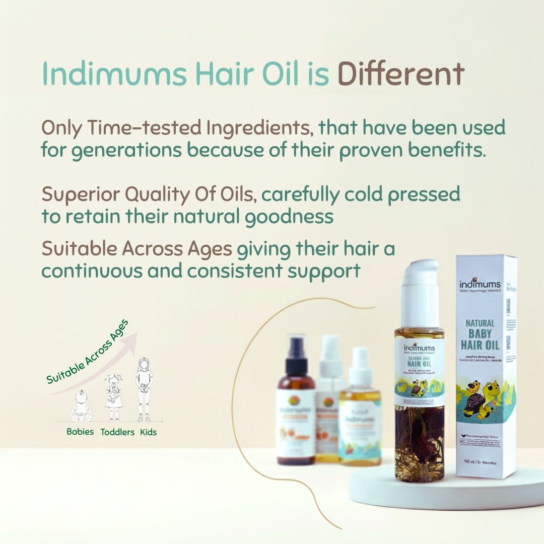 Indimums hair oil products with text highlighting its unique qualities on a light beige background.