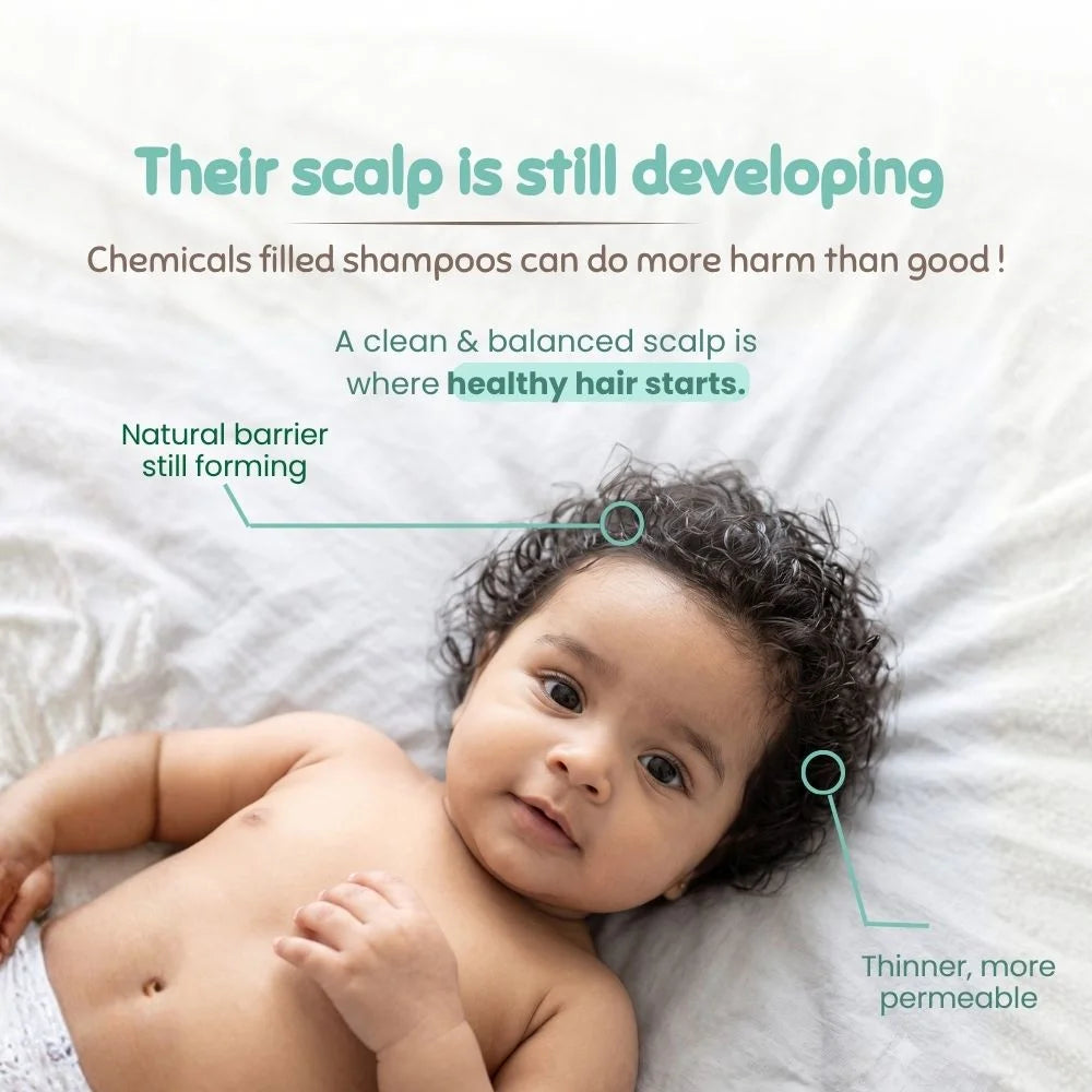 A baby lying on a white blanket with informational text about scalp development and hair care. The text reads, 'Their scalp is still developing' and 'Chemicals filled shampoos can do more harm than good!' with callouts pointing to the baby's curly hair. Indimums baby and kids shampoo