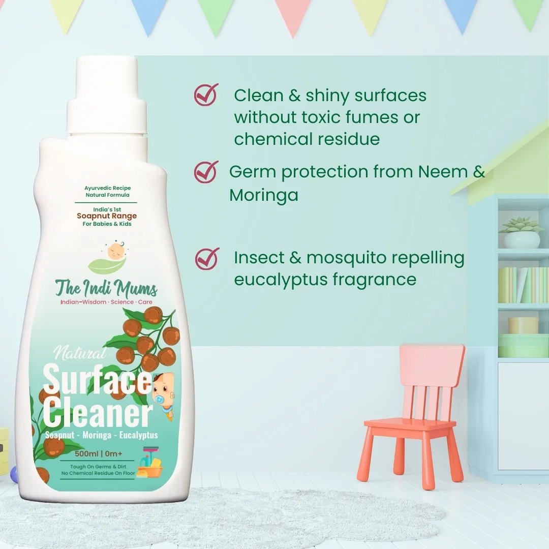 Bottle of natural floor cleaner placed in the middle, baby accessories and a mop  along with the text stating its benefits and features