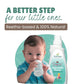 Image showing a baby in blue clothing drinking from a bottle, with the product bottle displayed alongside. Text reads "A BETTER STEP for our little ones" and "Reetha-based & 100% Natural" against a teal background with leaf patterns.
