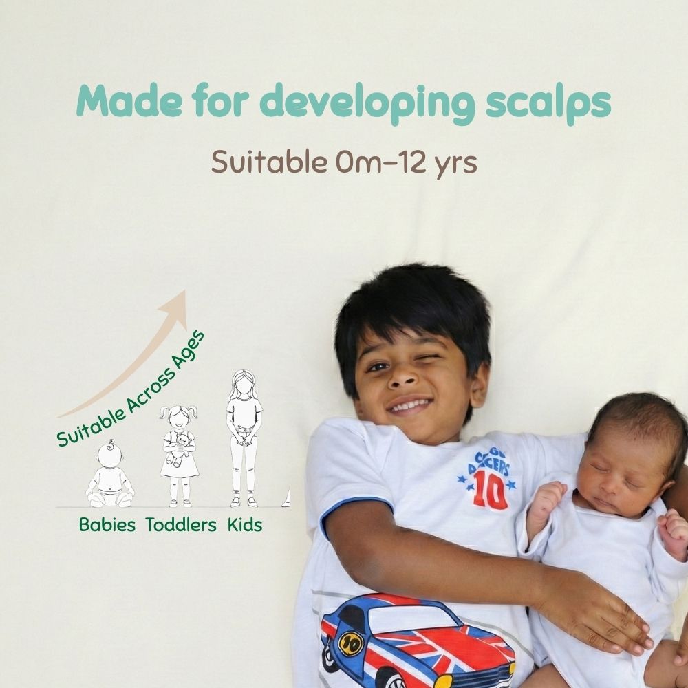 Indimums baby hair oil suitable from 0 to 12 years, formulated for developing scalps to strengthen hair and support long-term hair growth