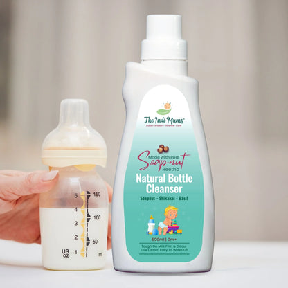 The Indi Mums Natural Bottle Cleaner with Soapnut, Shikakai, and Basil - a gentle, chemical-free cleaner for baby bottles and feeding accessories.

