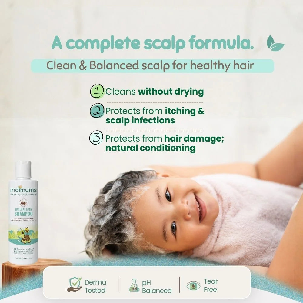 Indimums Scalp baby and kids Shampoo bottle shown next to a smiling baby wrapped in a towel with shampoo lather on their hair, set against a soft beige background with product benefits listed in text.
