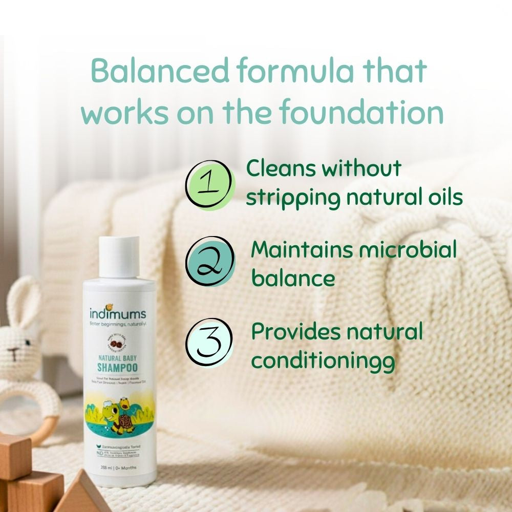 Indimums baby shampoo bottle with benefits text on a neutral background