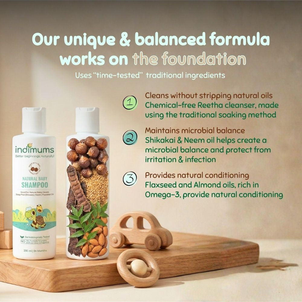 Indimums baby shampoo bottle with ingredients displayed on a wooden surface, featuring text about the product's unique formula.