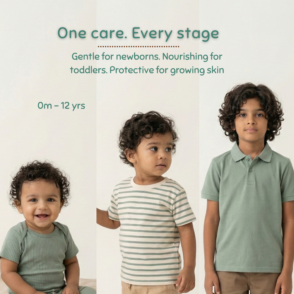 Three children in various stages of development with text about Indimums natural baby face & body butter suitability for newborns, toddlers, and growing skin.