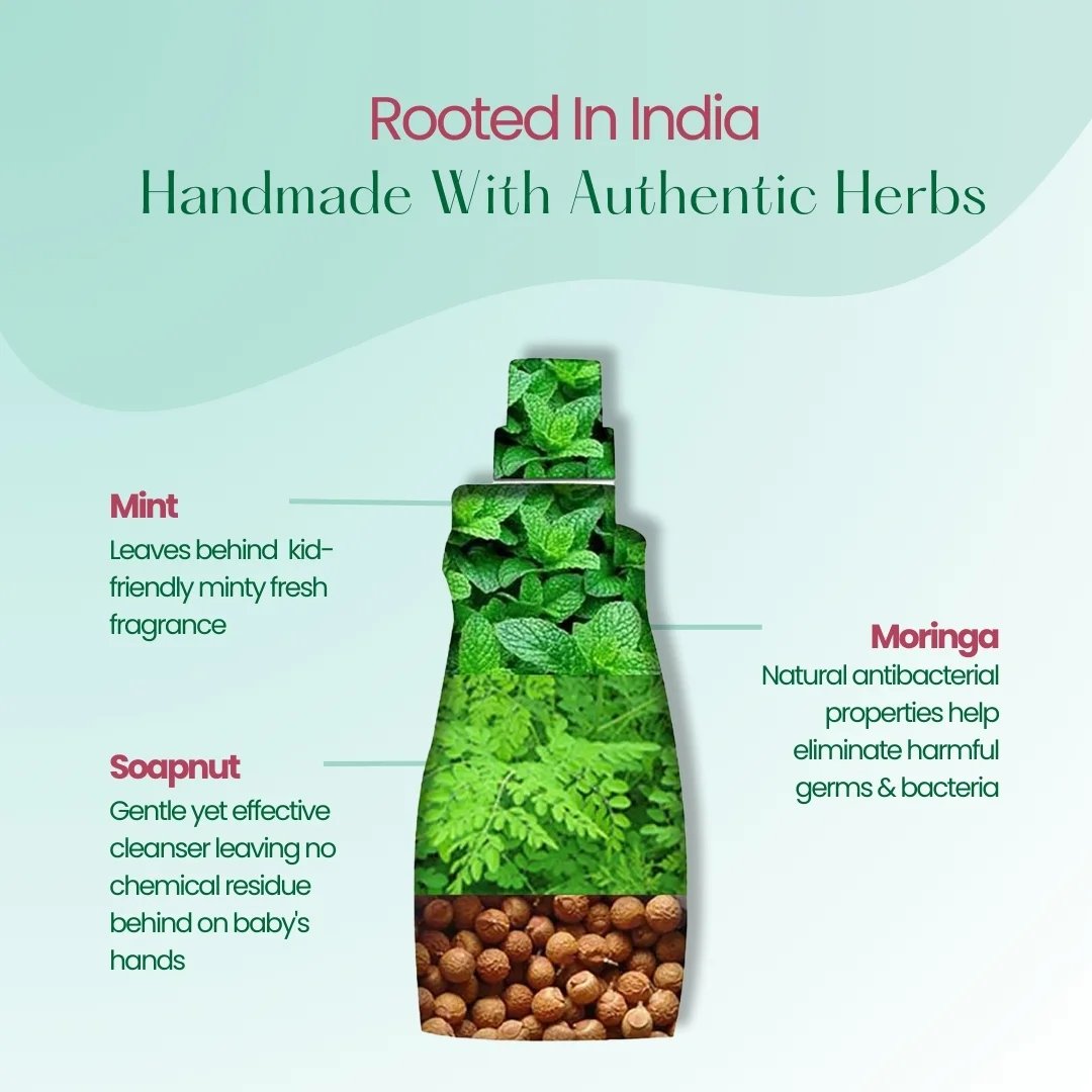 Outline of the kids handwash filled with natural ingredients like soapnuts, neem and moringa