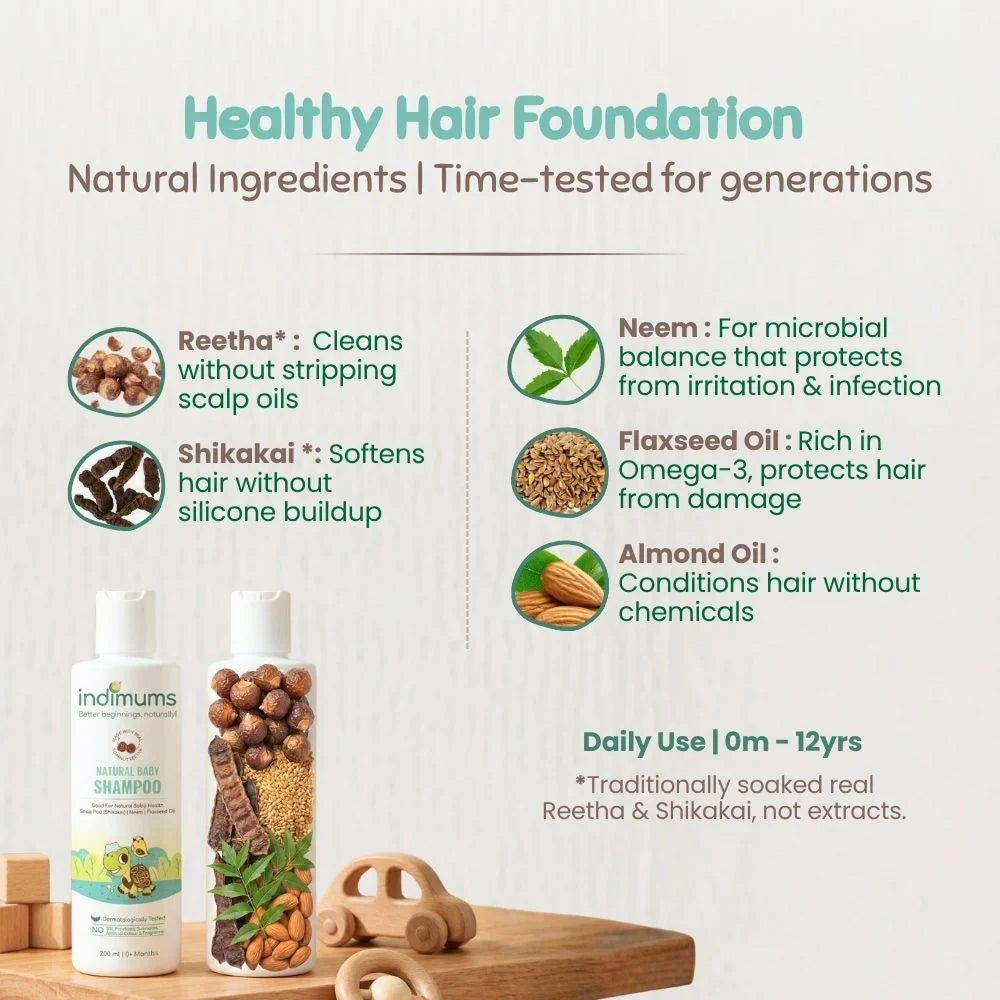 Promotional graphic for Indimums Healthy Hair Foundation shampoo and conditioner. The image features two bottles of hair care products on a wooden surface, with text detailing the natural ingredients (Reetha, Shikakai, Flaxseed Oil, Almond Oil) and their benefits on a light beige background.