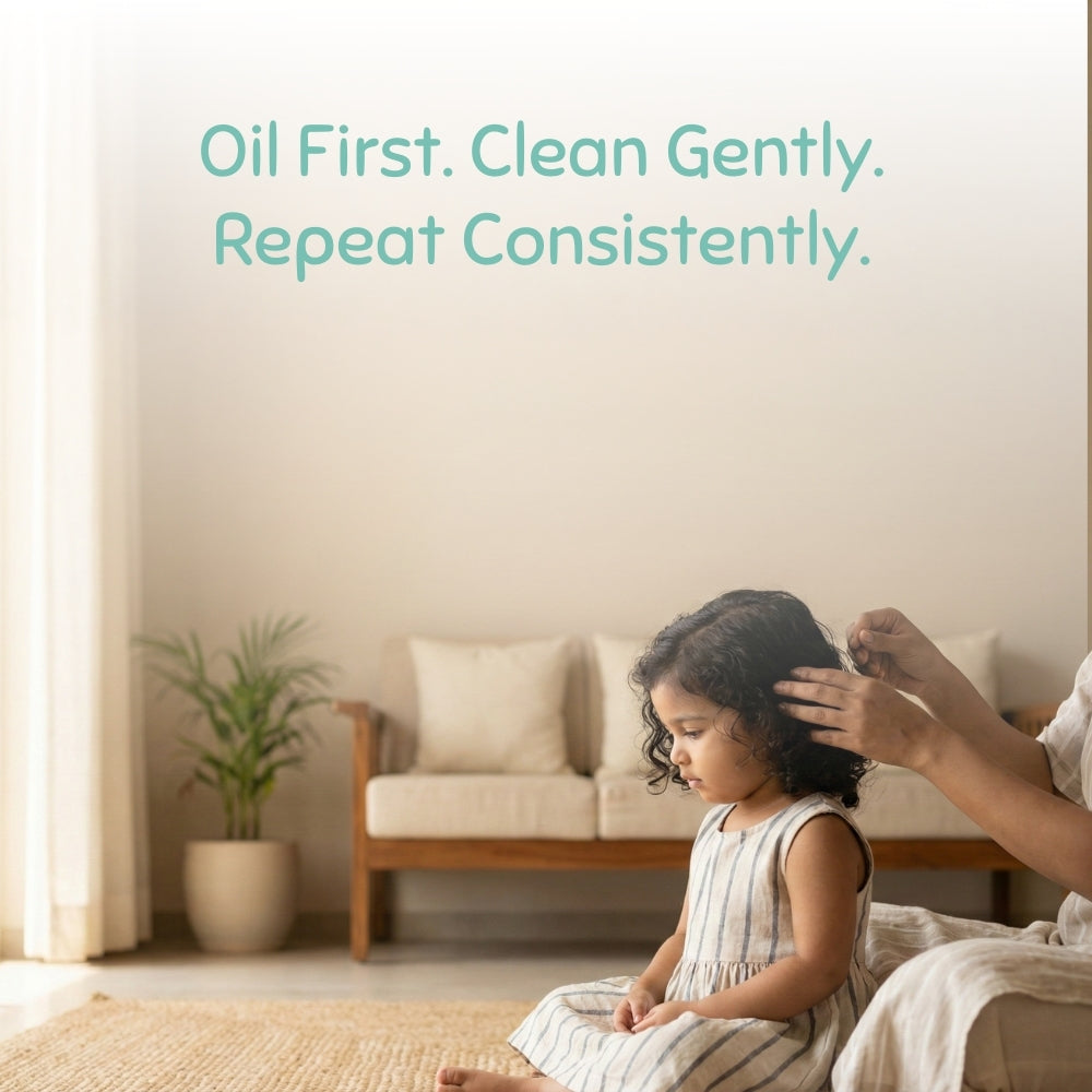 Person grooming a child's hair with text 'Oil First. Clean Gently. Repeat Consistently.'