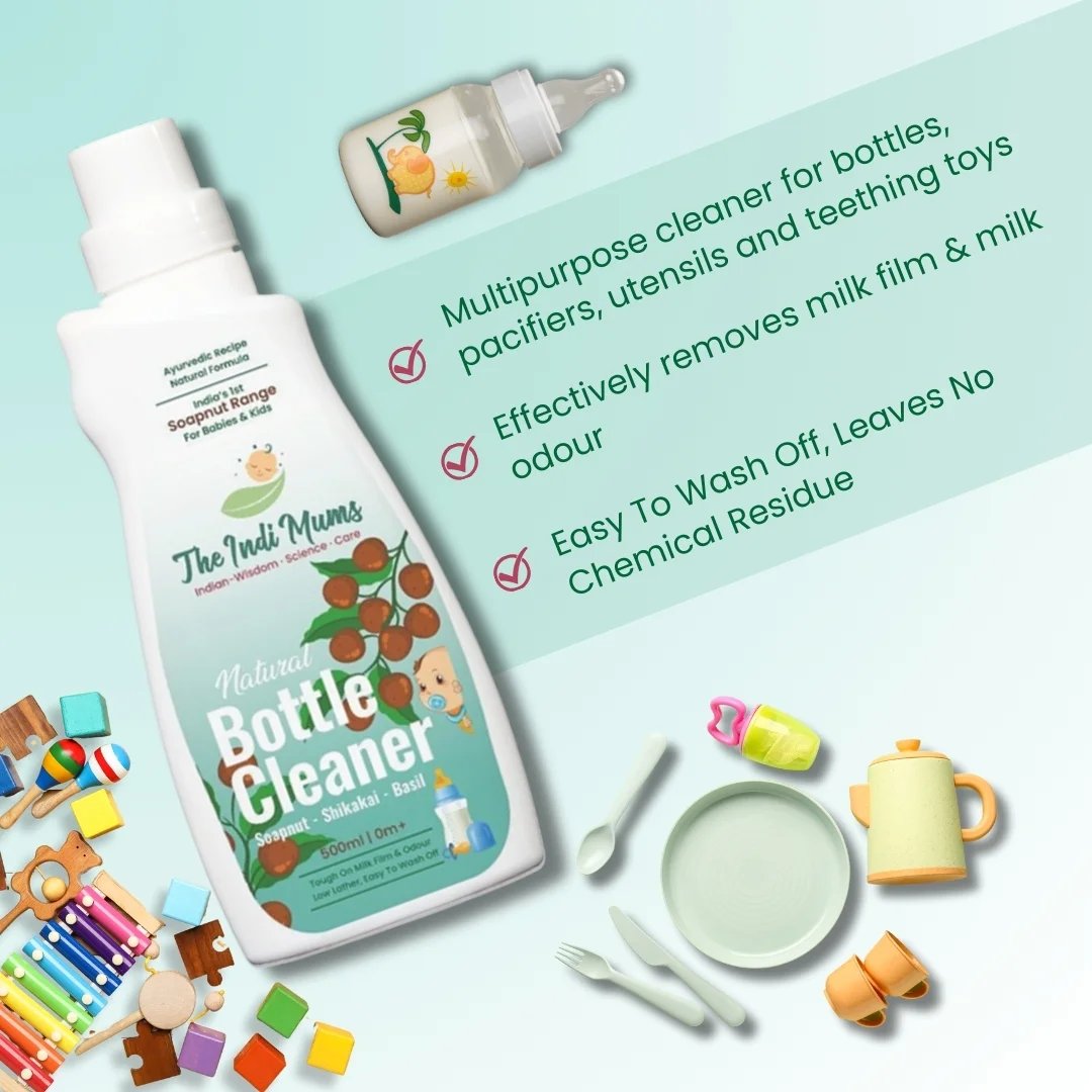 Baby bottle, toys and milk bottle cleaner  alongwith text stating its features 