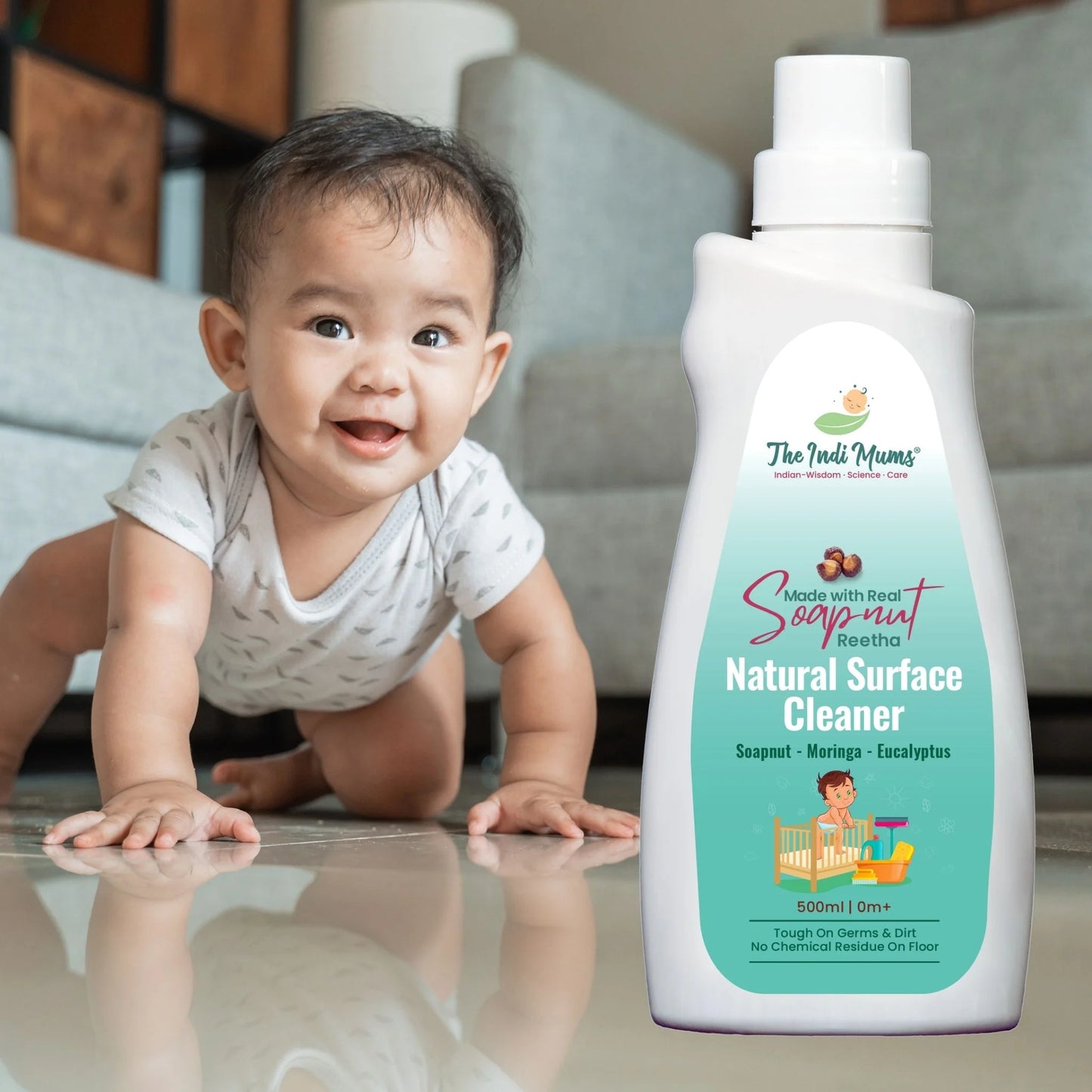 The Indi Mums Natural Surface Cleaner with Soapnut, Moringa, and Eucalyptus - a gentle, chemical-free cleaner for floors and surfaces, safe for pets.


