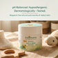 Indimums natural baby face and body butter on a soft surface with text about product features.