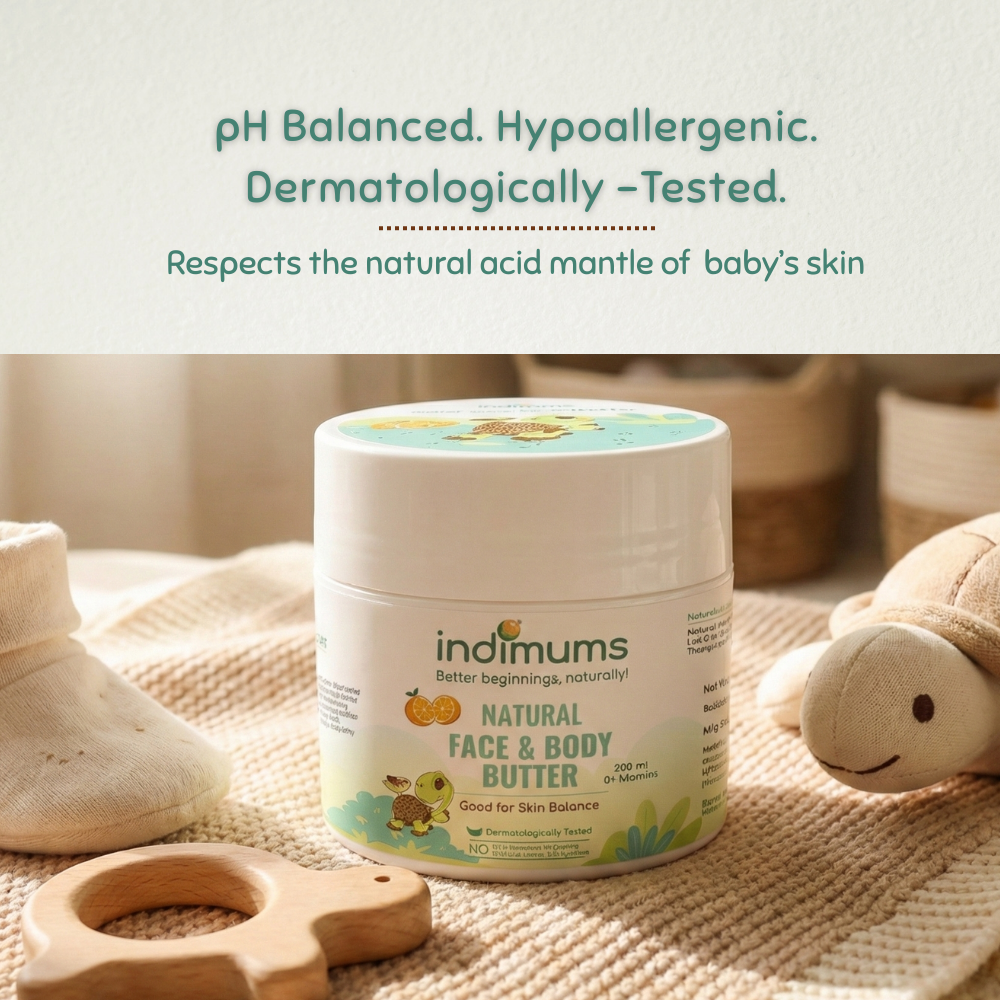 Indimums natural baby face and body butter on a soft surface with text about product features.