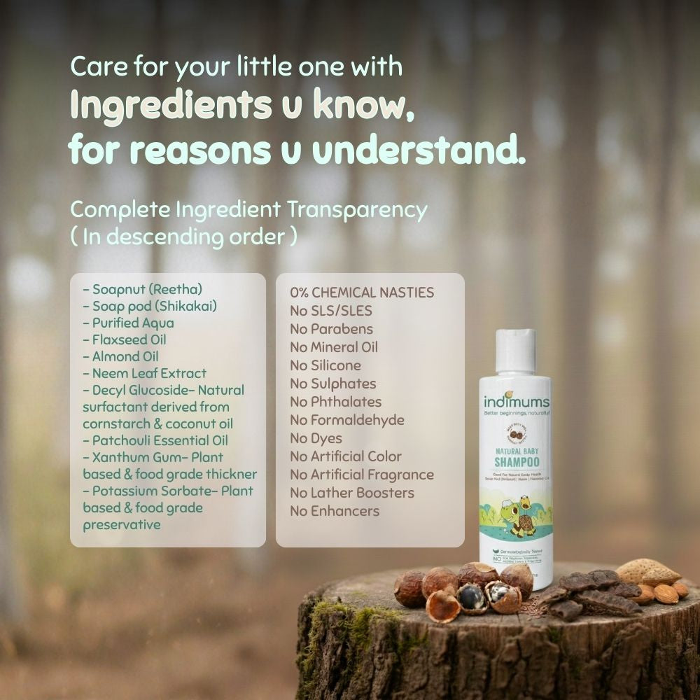 Indimums shampoo with ingredient list on a wooden stump in a forest setting