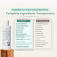 A bottle of indimums Natural baby and kids shampoo displayed on a wooden pedestal next to a green and white infographic detailing the complete ingredients list and highlighting 0% chemical nasties.