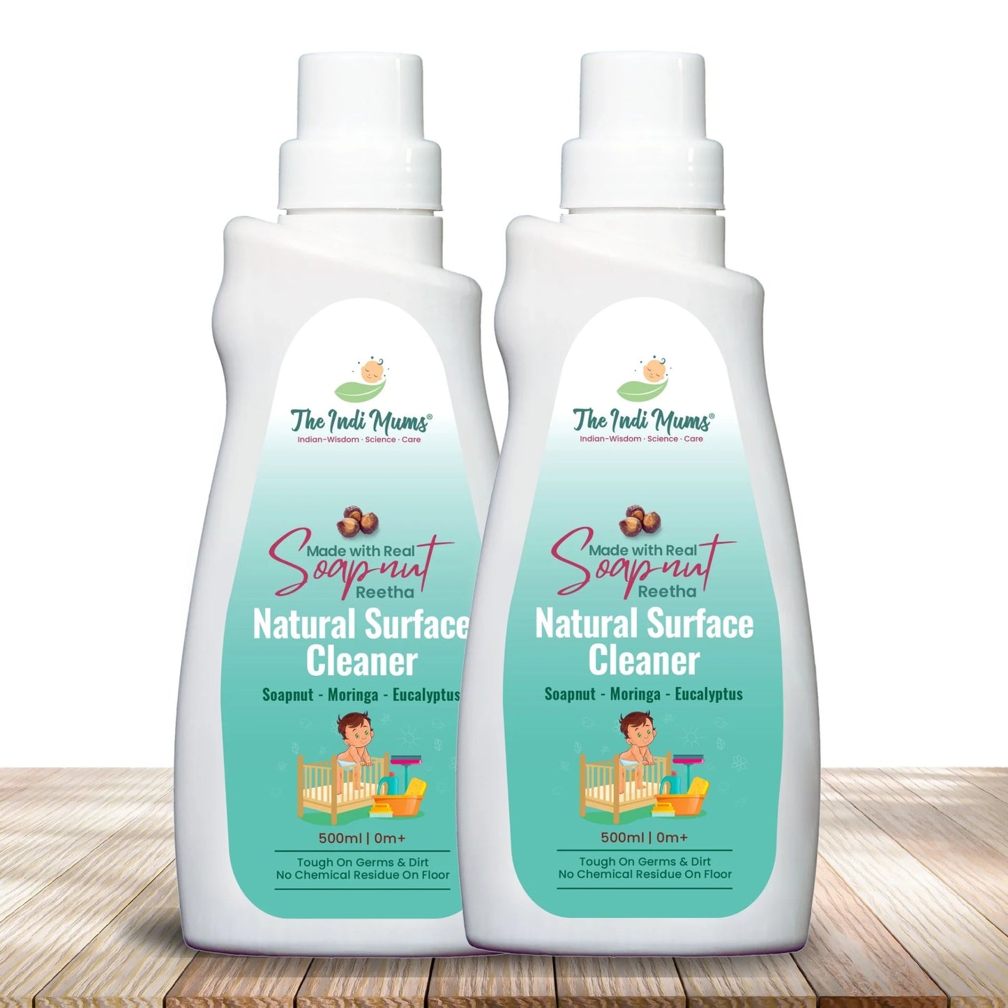 two 500ml bottles of The indi mums babysafe natural surface cleaner and floor cleaner