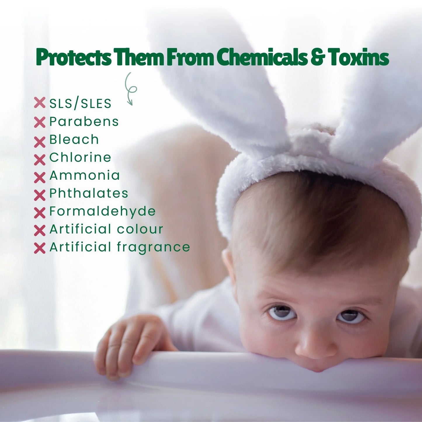 List of chemicals which are not included in the indi mums baby surface & floor cleaner and which can cause harm to babies