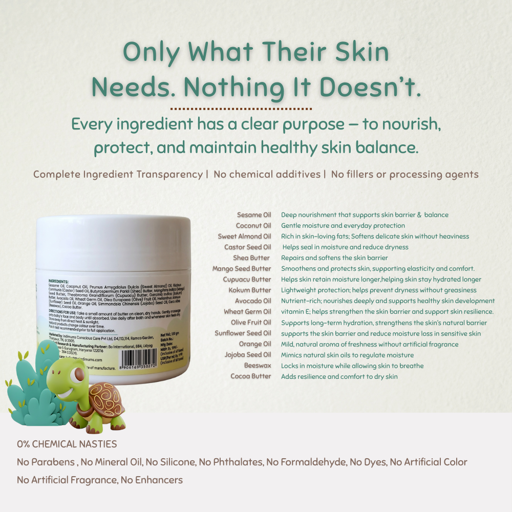 Indimums natural baby face & body butter with a list of ingredients and promotional text on a light background