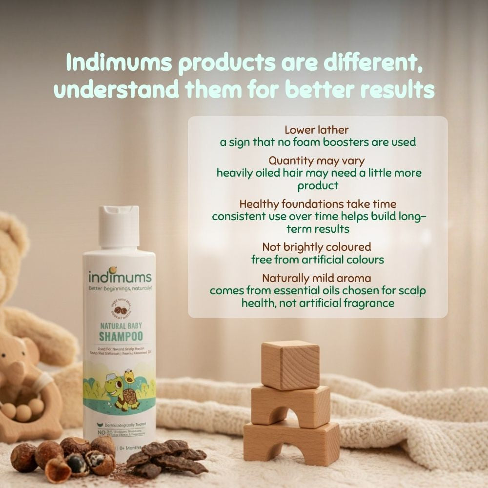 Indimums shampoo bottle with educational text on a neutral background