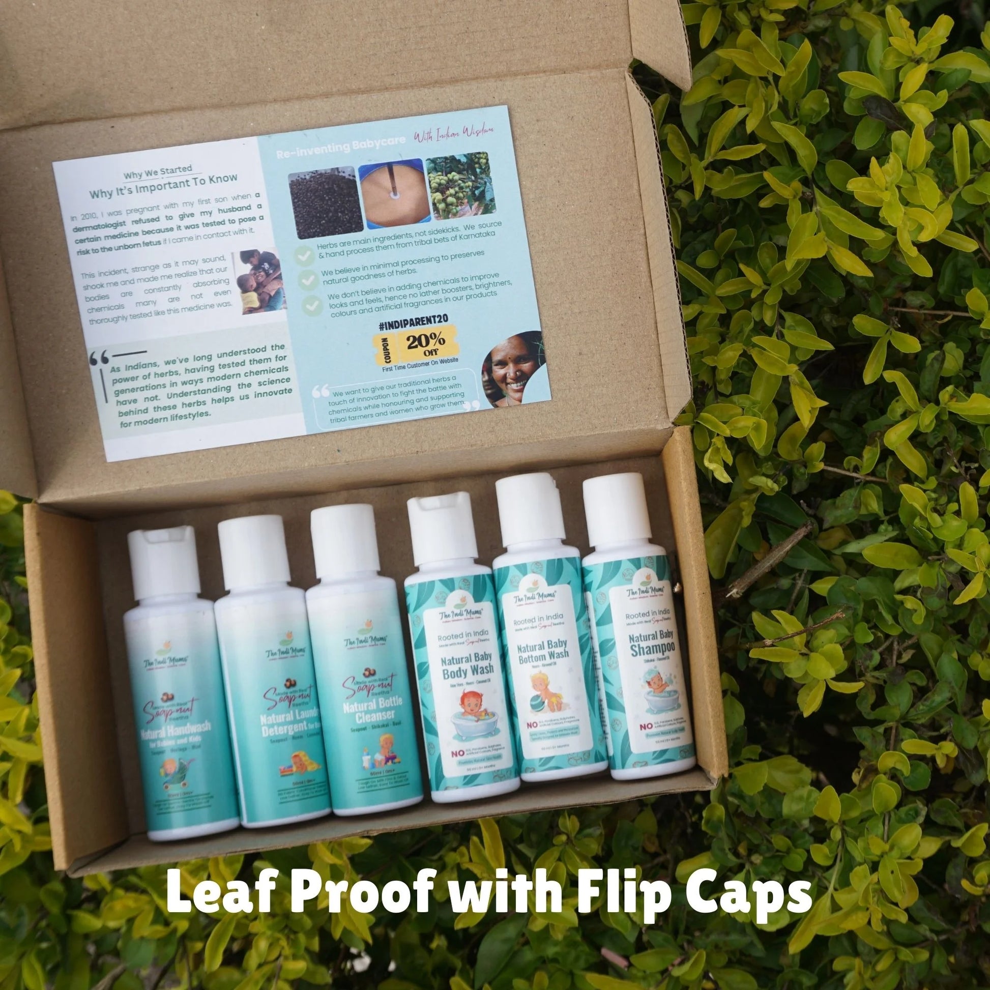 6 bottles of 50ml each with travel friendly flip caps as part of the travel pack from The Indi Mums