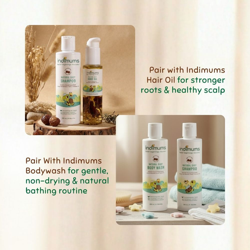 Indimums shampoo, hair oil and body wash bottles with text on a beige background