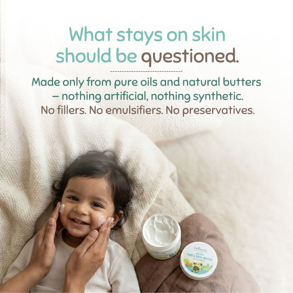 Child applying cream to face with text about natural skincare products
